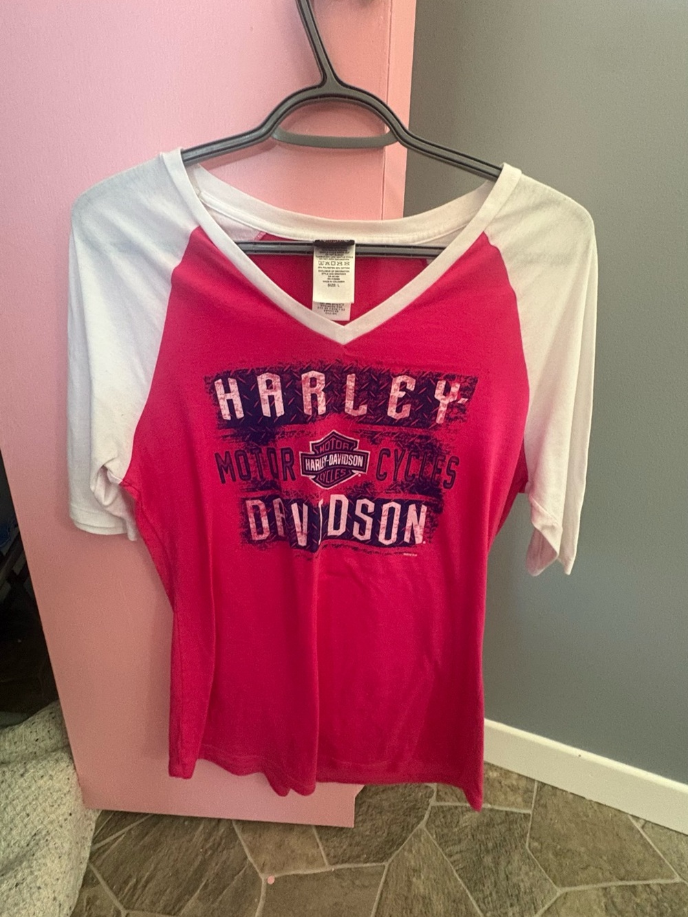 Harley-Davidson Pink and White Raglan V-Neck Tee with Logo